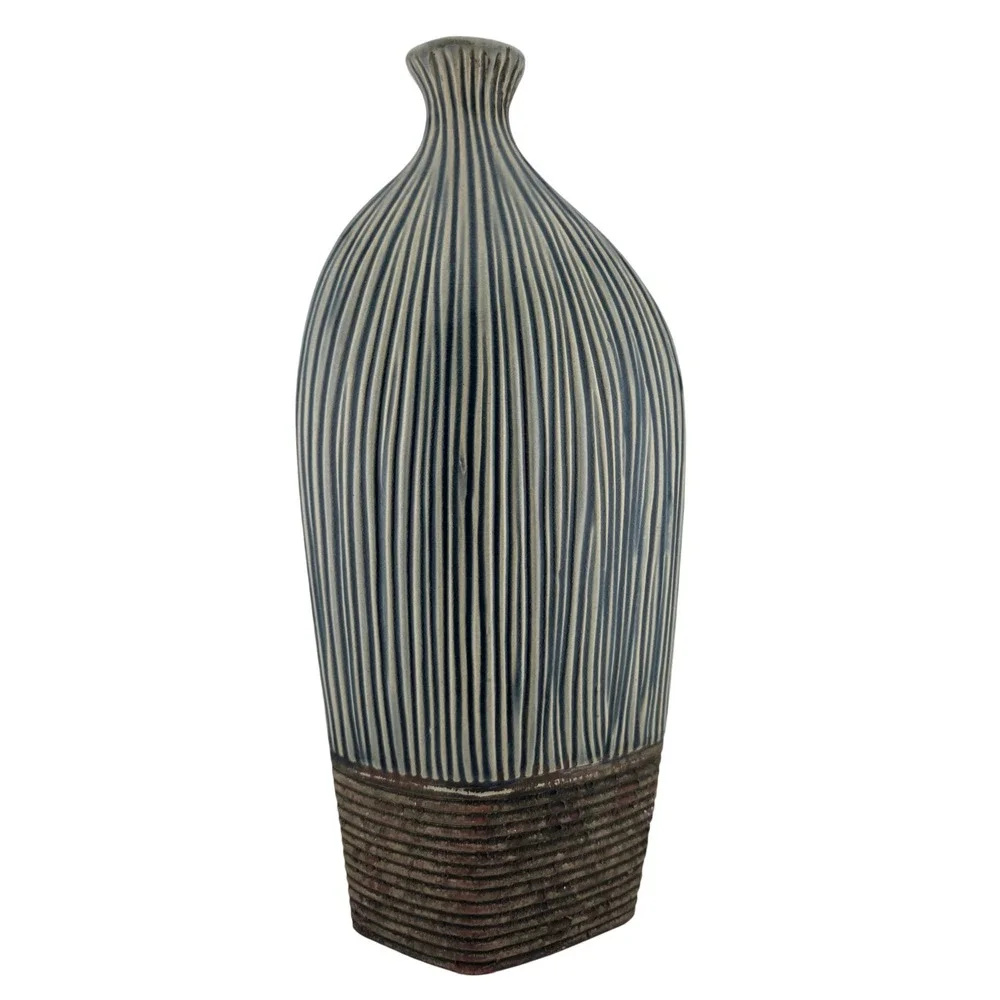 Pier 1 Decorative Vase Ribbed Ceramic Asymmetrical‎ Blue Brown Excellent  Decor